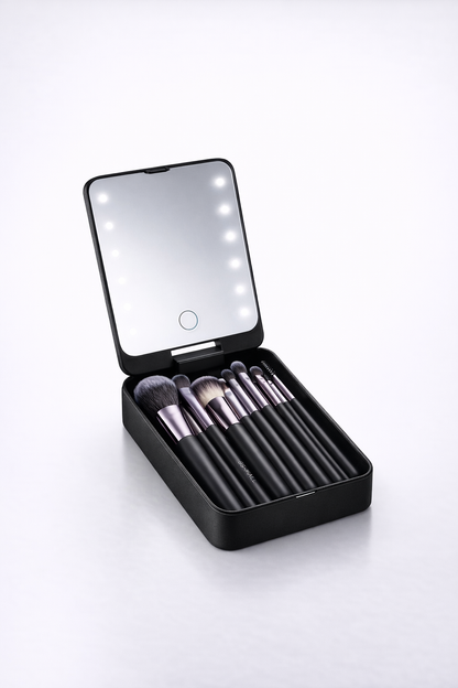 14-Piece Makeup Brush Set with Illuminated Mirror, Portable Short Handle, LED Light, USB Rechargeable Makeup Brushes Kit