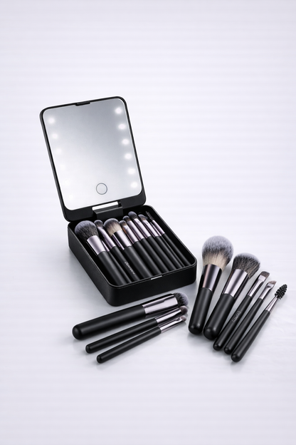 14-Piece Makeup Brush Set with Illuminated Mirror, Portable Short Handle, LED Light, USB Rechargeable Makeup Brushes Kit