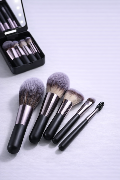 14-Piece Makeup Brush Set with Illuminated Mirror, Portable Short Handle, LED Light, USB Rechargeable Makeup Brushes Kit