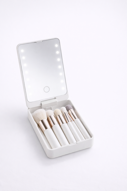 14-Piece Makeup Brush Set with Illuminated Mirror, Portable Short Handle, LED Light, USB Rechargeable Makeup Brushes Kit