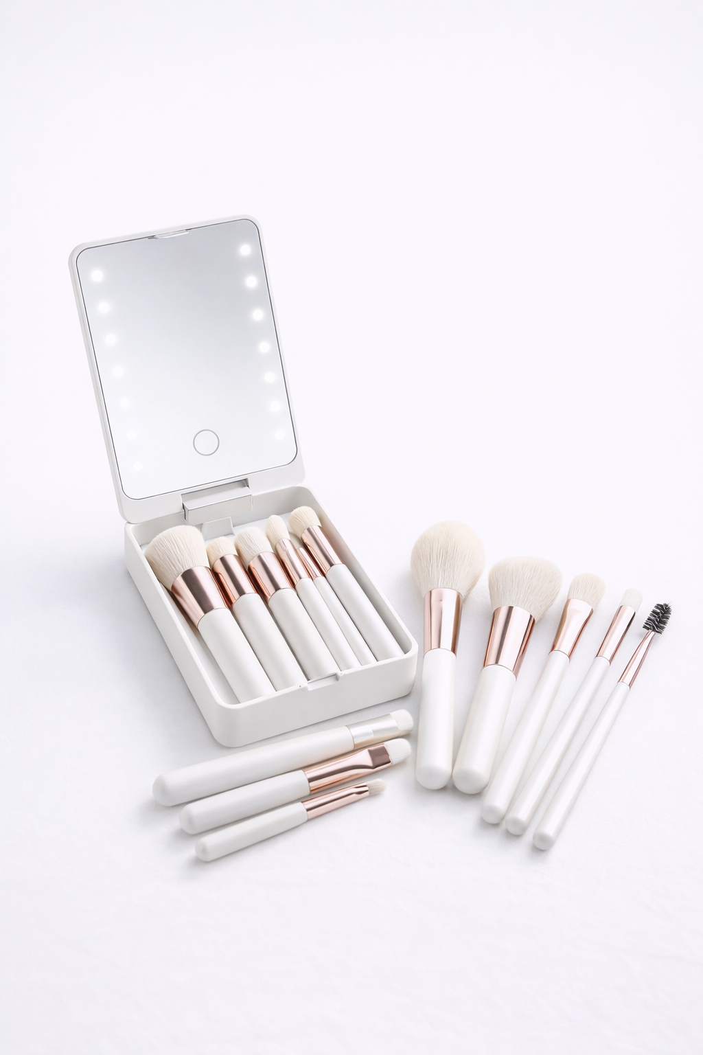 14-Piece Makeup Brush Set with Illuminated Mirror, Portable Short Handle, LED Light, USB Rechargeable Makeup Brushes Kit