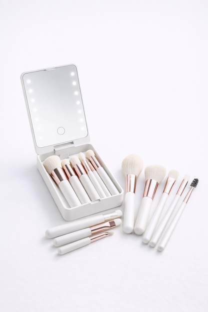 14-Piece Makeup Brush Set with Illuminated Mirror, Portable Short Handle, LED Light, USB Rechargeable Makeup Brushes Kit
