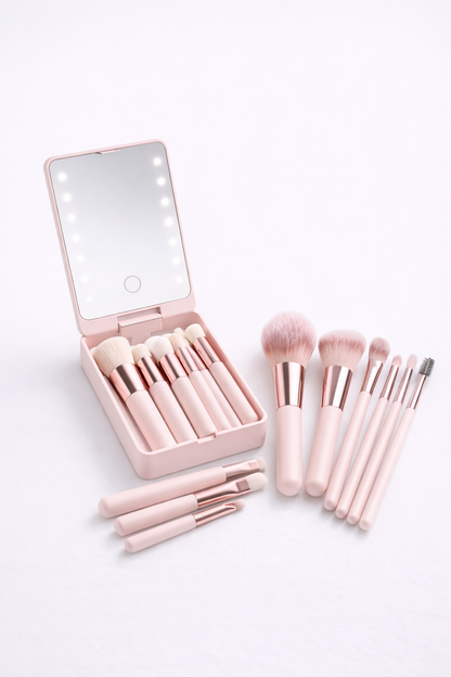 14-Piece Makeup Brush Set with Illuminated Mirror, Portable Short Handle, LED Light, USB Rechargeable Makeup Brushes Kit